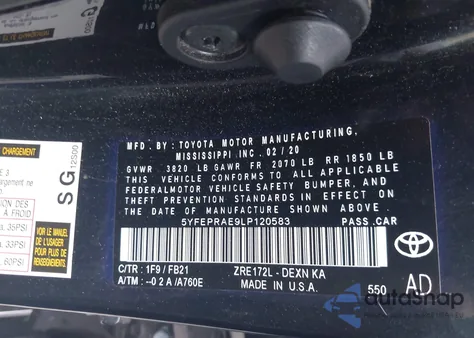 2020 Toyota Corolla Le из США, поврежденный, VIN 5YFEPRAE9LP120583